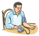 A person taking their own blood pressure using automatic blood pressure machine.