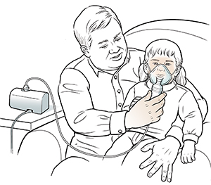 Mężczyzna trzymający dziecko na kolanach i pomagający mu w oddychaniu przez maskę nebulizatora.