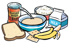 Image showing bland foods, for example, a banana, Saltine crackers, chicken noodle soup, and oatmeal.